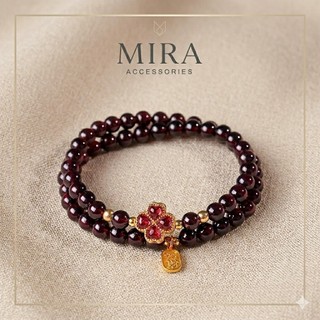 Vòng Tay Đá Garnet Đỏ Tự Nhiên Mix Charm Cỏ Bốn Lá Vòng Đeo Tay Nữ Chiêu Tài Tấn Lộc Đồ Trang Sức Phụ Kiện Thời Trang Ca