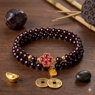Vòng Tay Đá Garnet Đỏ Tự Nhiên Mix Charm Cỏ Bốn Lá Vòng Đeo Tay Nữ Chiêu Tài Tấn Lộc Đồ Trang Sức Phụ Kiện Thời Trang Ca