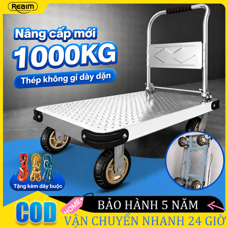 Xe Đẩy Hàng Xe Kéo Hàng Thép Bánh xe chống ồn Tải Trọng 1000kg Gấp Gọn Tiện Lợi 4 bánh xe