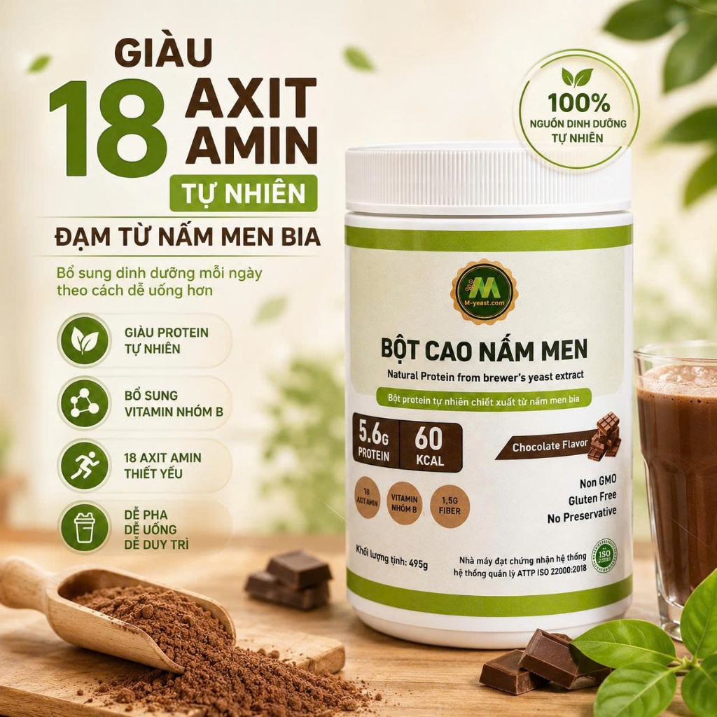 [MUA 1 TẶNG 4] Bột Cao Nấm Men Bia Vị Chocolate – Protein tăng năng lượng, Vitamin Nhóm B (B1, B2, B3, B5, B6, B9)