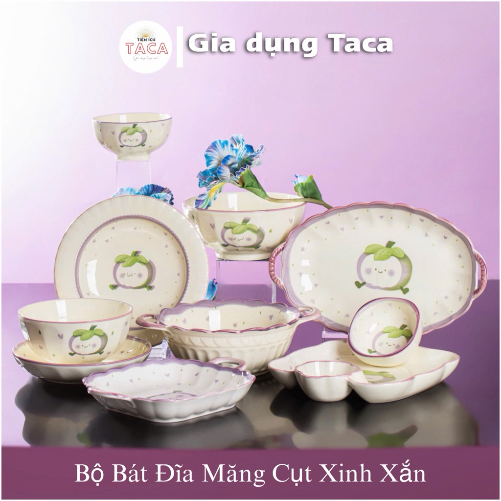 Bộ Bát Đĩa Gốm Sứ Hoạ Tiết Măng Cụt, Gia Dụng Taca,  Gốm Sứ Cao Cấp, Sang Trọng Cho Bàn Ăn Gia Đình