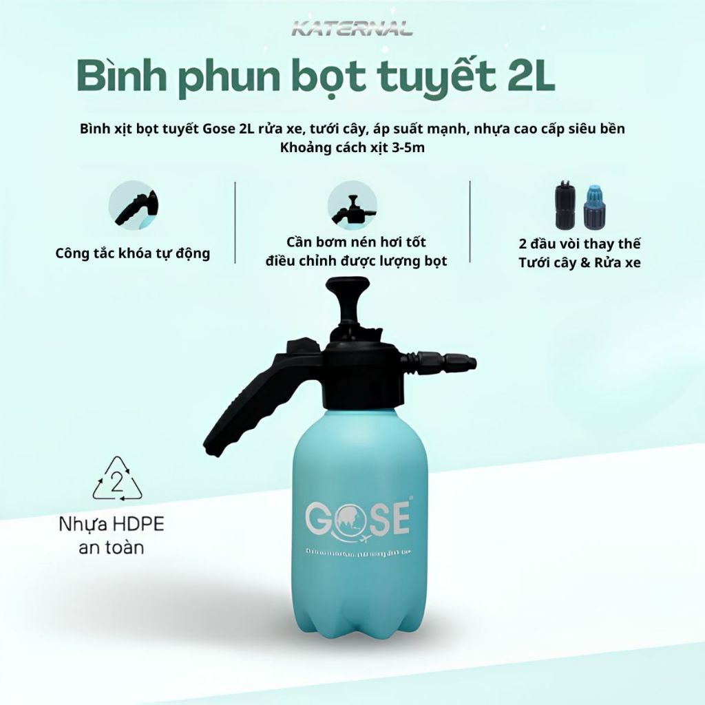 Bình Xịt Bọt Tuyết 2000ml Nâng Cấp – 2 Vòi Phun – Van An Toàn – Phun Bọt Dày – Dùng Rửa Xe, Tưới Cây, Vệ Sinh Nhà Cửa
