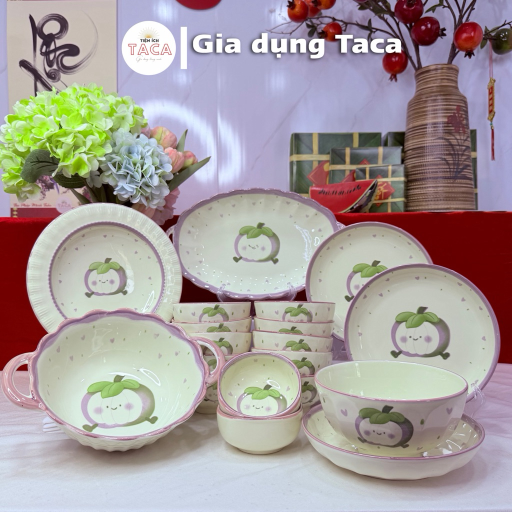 Bộ Bát Đĩa Gốm Sứ Hoạ Tiết Măng Cụt, Gia Dụng Taca,  Gốm Sứ Cao Cấp, Sang Trọng Cho Bàn Ăn Gia Đình