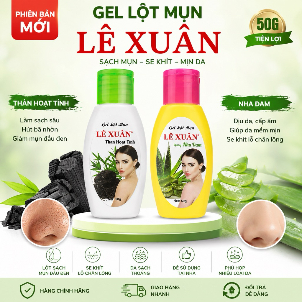 Gel Lột Mụn Lê Xuân Than Hoạt Tính & Nha Đam 50g – Làm Sạch Mụn Đầu Đen, Se Khít Lỗ Chân Lông