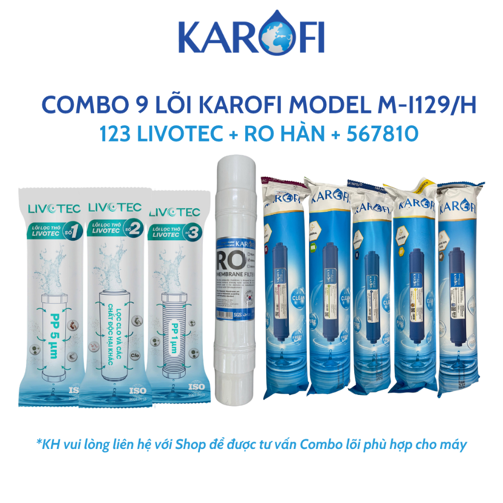 Combo 9 Lõi Lọc Nước Karofi Gồm Lõi 123 Livotec, Màng RO Hàn 100GPD, Lõi T33 Mineral Far Hydrogen Nano Model M-i129/H