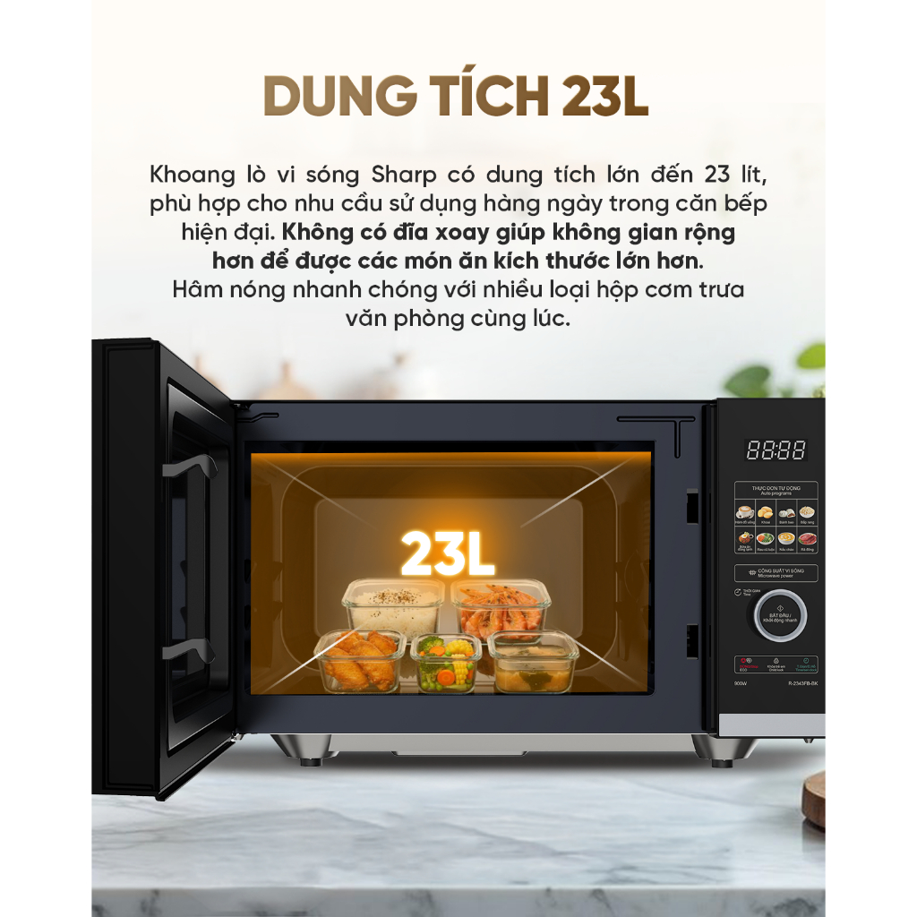 Lò Vi Sóng Sharp R-2343FB-BK - Dung Tích 23L - Công Nghệ Không Đĩa Xoay Flatbed - 10 Mức Công Suất - Chính Hãng