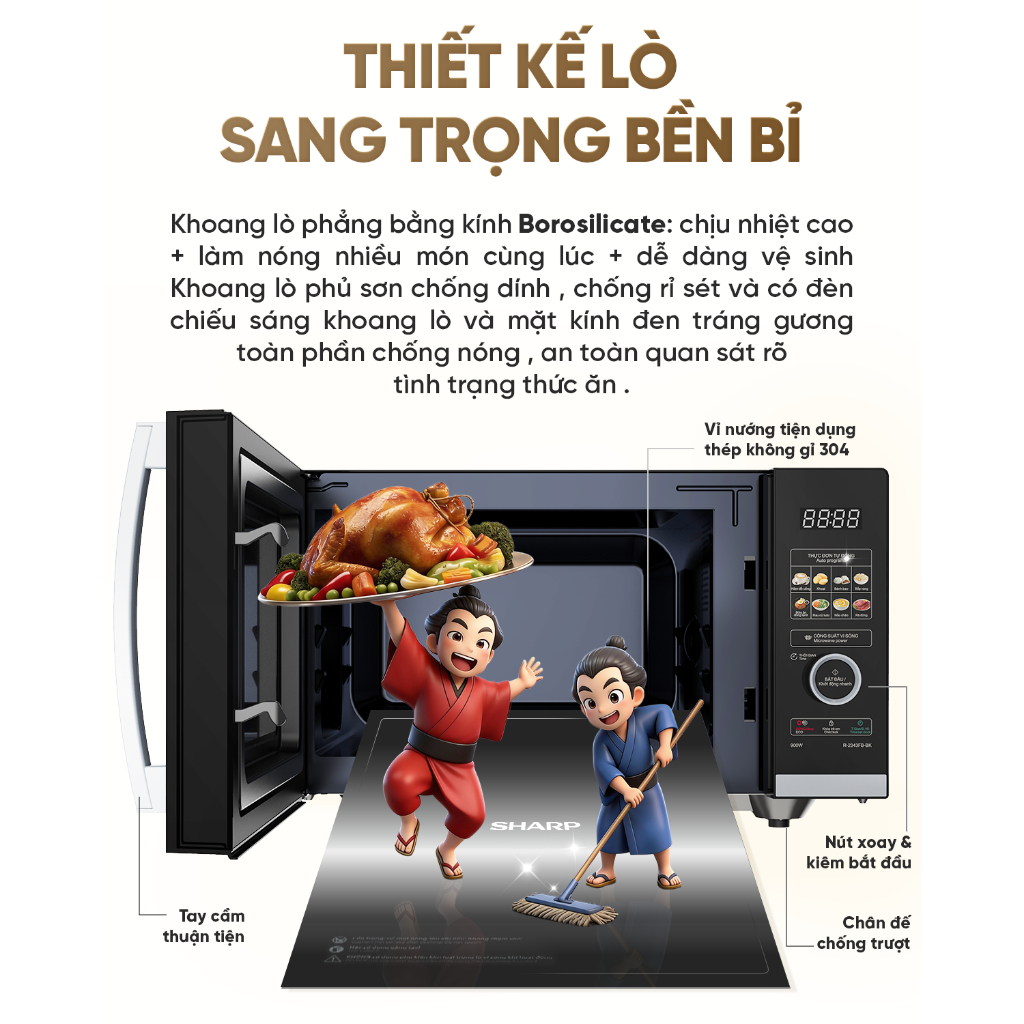 Lò Vi Sóng Sharp R-2343FB-BK - Dung Tích 23L - Công Nghệ Không Đĩa Xoay Flatbed - 10 Mức Công Suất - Chính Hãng