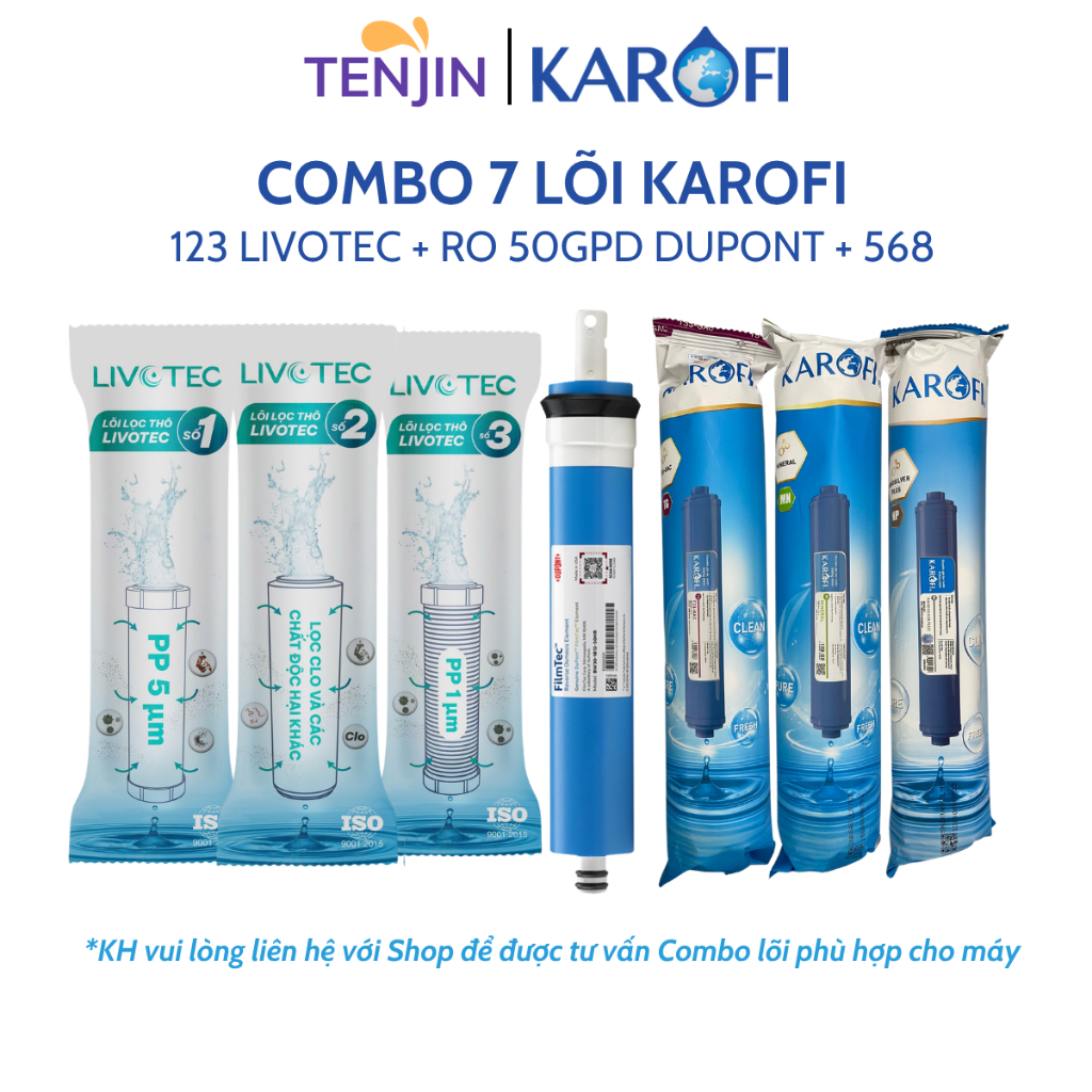 Combo 7 Lõi Lọc Karofi Gồm Lõi 123 Smax Duo - Màng RO50GPD Dupont Mỹ - 3 Lõi Chức Năng T33, Mineral, Nano Silver K7IQ-2