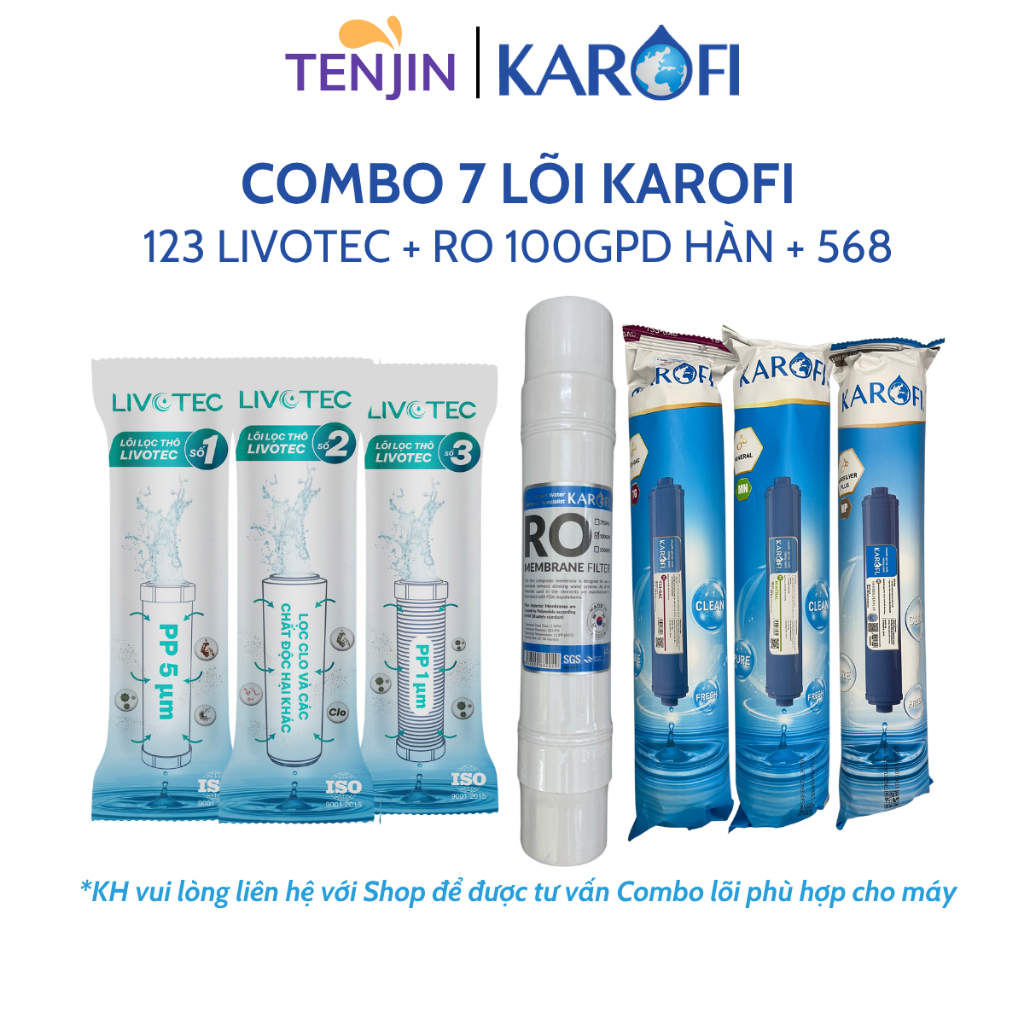 Combo 7 Lõi Lọc Nước Karofi Gồm Lõi 123 Livotec - Màng RO100GPD Hàn - 3 Lõi Chức Năng T33 Mineral Nano S-S027, S-S137