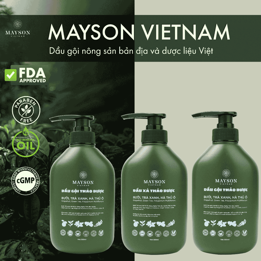 Combo 2 Gội 1 Xả Thảo Dược Bưởi, Hà Thủ Ô, Trà xanh, Gừng MaySon