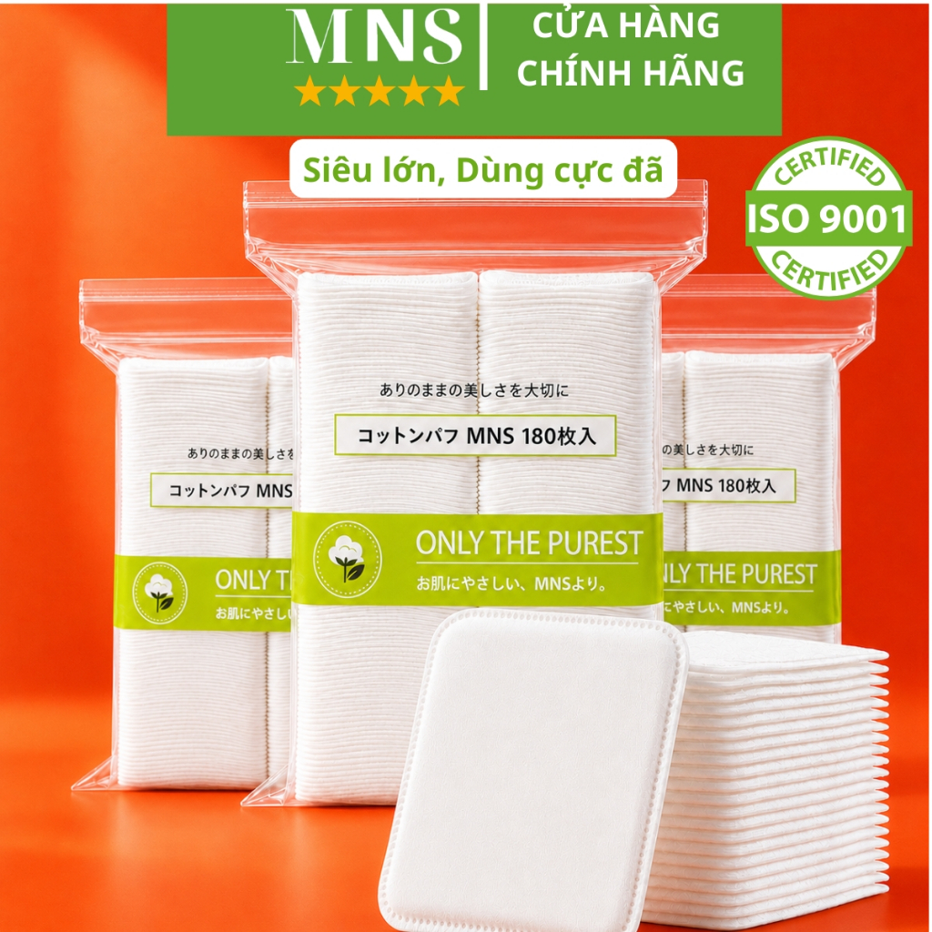 (Combo2 gói) Bông tẩy trang MNS SIZE ĐẠI 180 miếng Cotton tự nhiên, Bông tẩy trang cao cấp ISO9001:2015