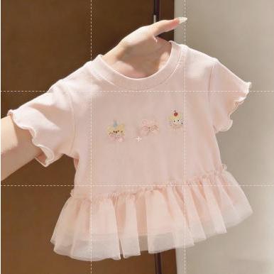 Bé Gái Mùa Hè Mới Viền Ren Áo Phông Ngắn Tay Trẻ Em Hoạt Hình Thêu Dễ Thương Cho Bé Nấm Viền Top