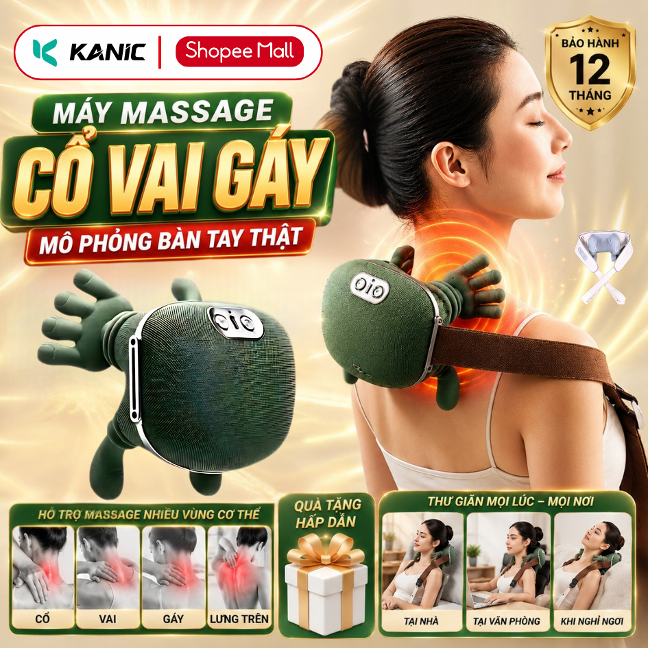 Máy massage cổ vai gáy thông minh cải thiện sức khỏe combo mô phỏng bàn tay chườm ấm giảm mệt mỏi xoa bóp thư giãn