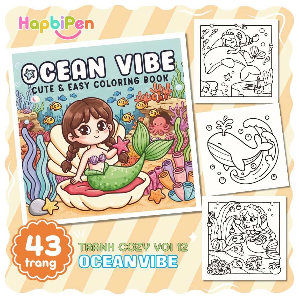 Bộ tranh tô màu cho bé với 43 trang chủ đề OCEAN VIBE phong cách Kawaii dễ thương Cozy 17