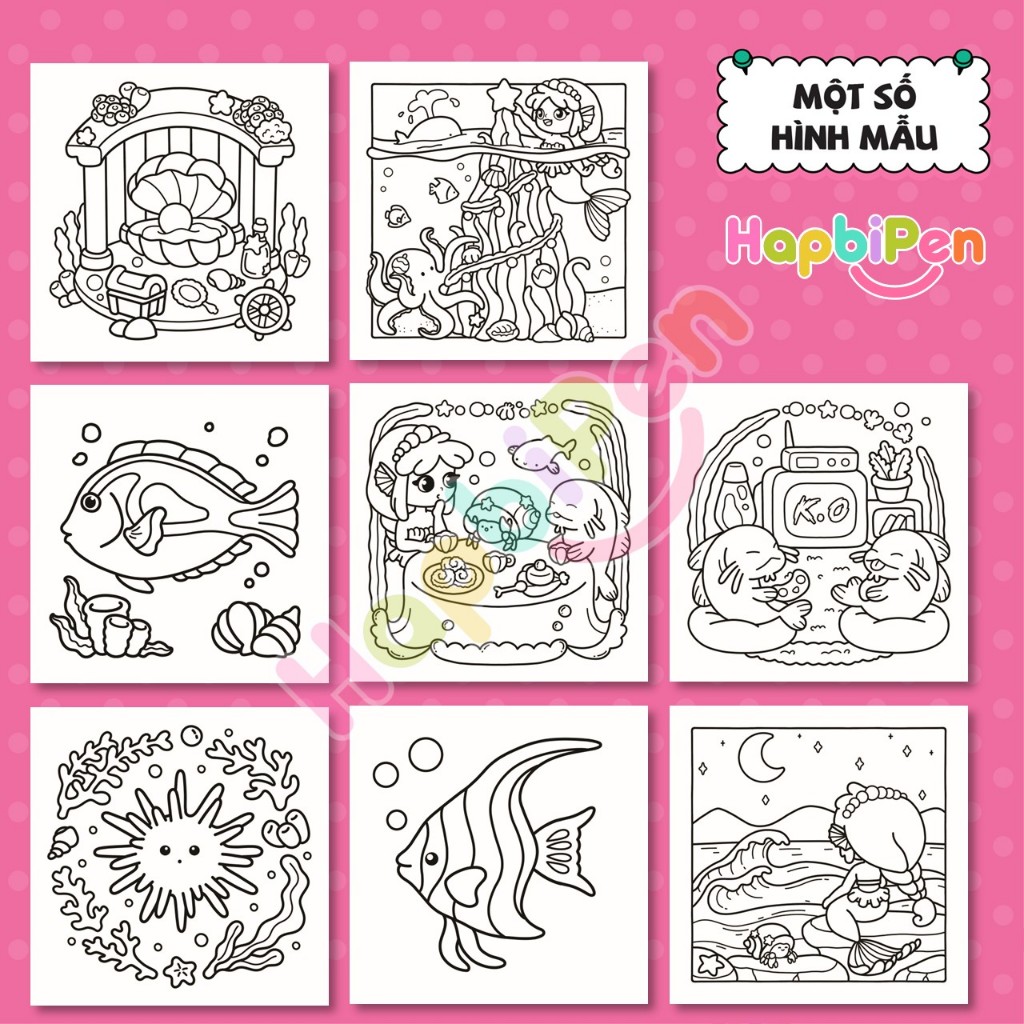 Bộ tranh tô màu cho bé với 43 trang chủ đề OCEAN VIBE phong cách Kawaii dễ thương Cozy 17
