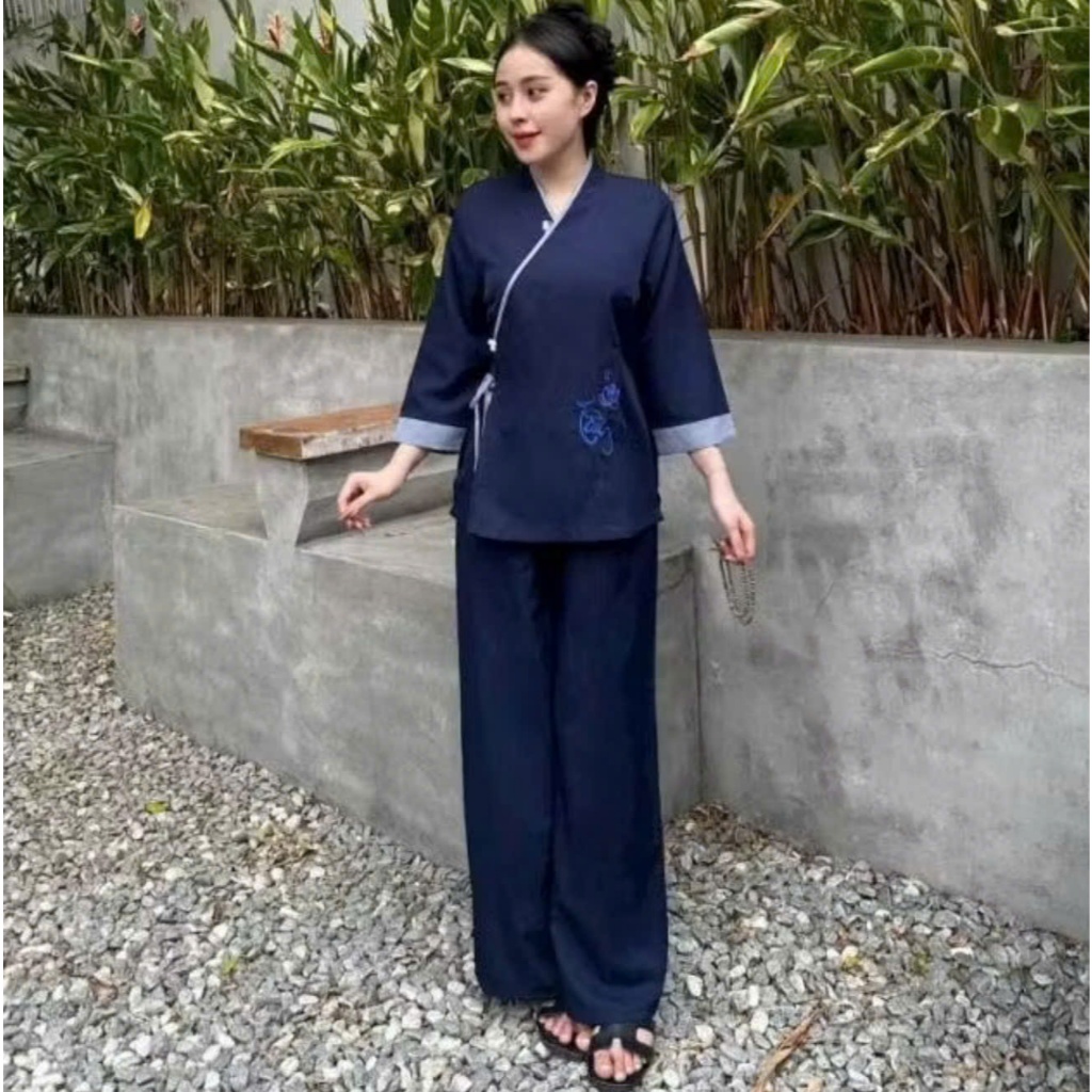 Bộ Đồ Lam Đi Chùa,Pháp Phục đi Lễ chất lụa cao cấp - Pháp Phục Tịnh Tâm An TA02
