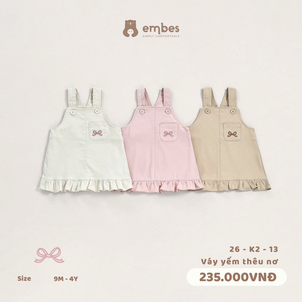 Váy Yếm Cho Bé Embes, Váy Yếm Thêu Nơ Kiểu Dáng Baby Chất Kaki Đứng Form Cho Bé Gái Size Từ 8-17Kg