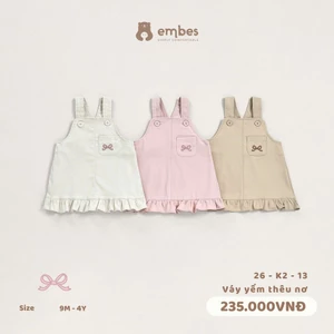 Váy Yếm Cho Bé Embes, Váy Yếm Thêu Nơ Kiểu Dáng Baby Chất Kaki Đứng Form Cho Bé Gái Size Từ 8-17Kg