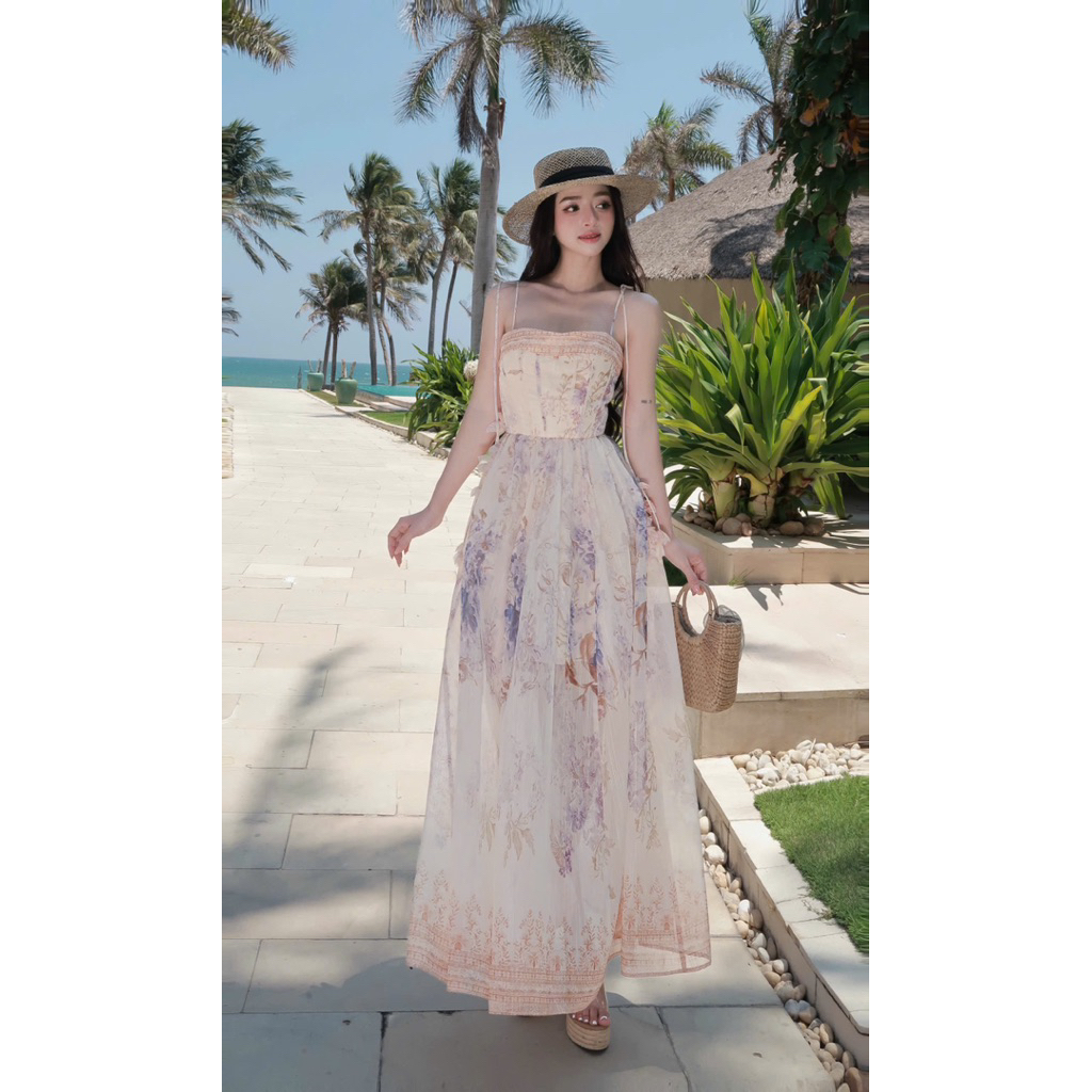LASY Thời Trang Nữ| Đầm Maxi 2 Dây Đính Hoa Chất Vải Tơ In Hoa D0196