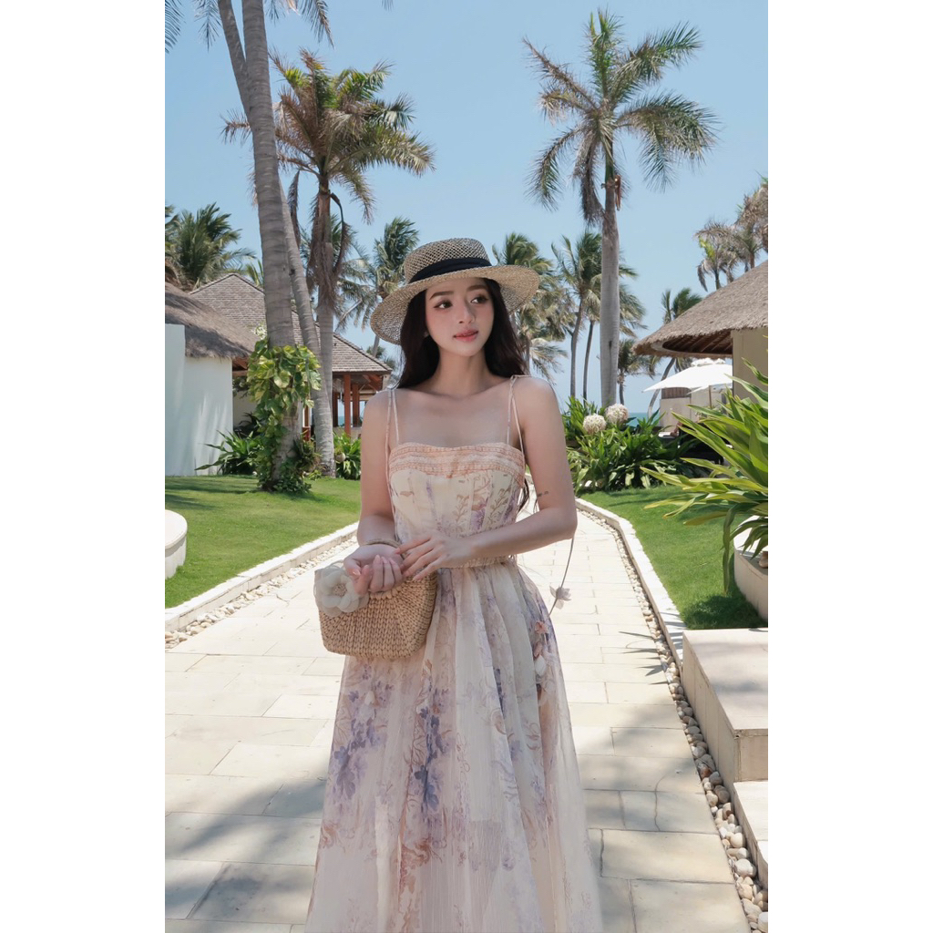 LASY Thời Trang Nữ| Đầm Maxi 2 Dây Đính Hoa Chất Vải Tơ In Hoa D0196