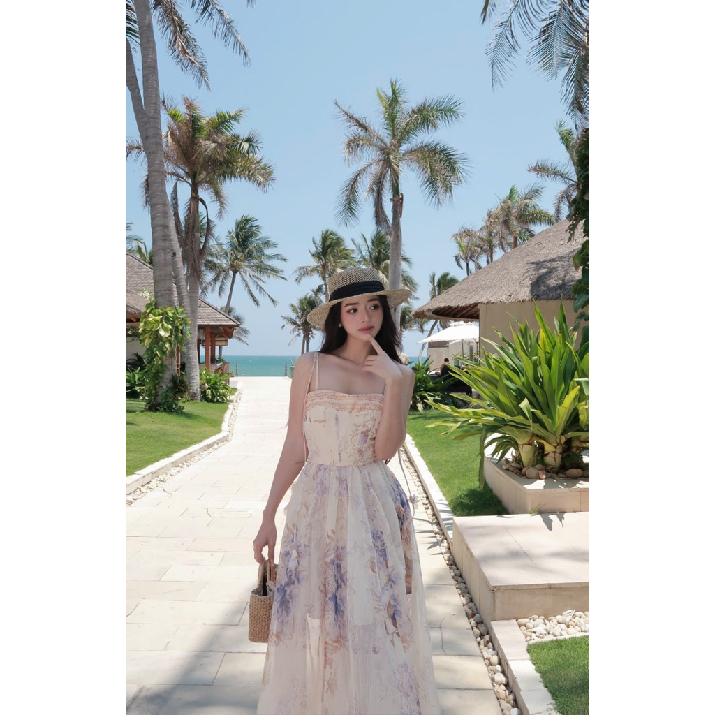 LASY Thời Trang Nữ| Đầm Maxi 2 Dây Đính Hoa Chất Vải Tơ In Hoa D0196