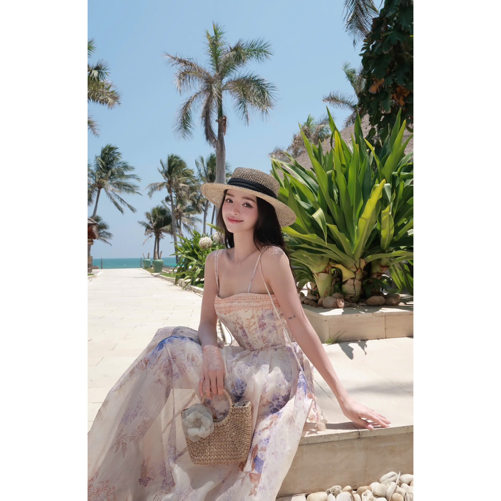 LASY Thời Trang Nữ| Đầm Maxi 2 Dây Đính Hoa Chất Vải Tơ In Hoa D0196
