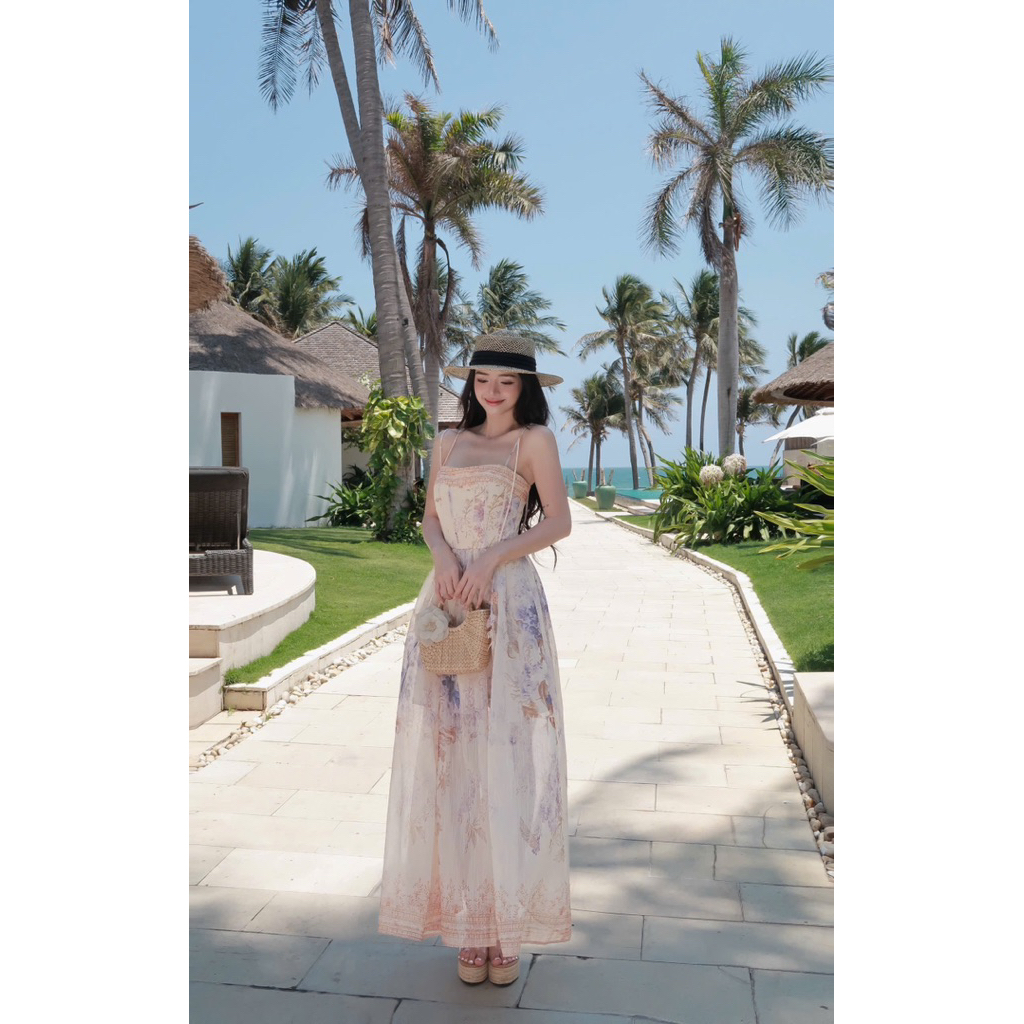 LASY Thời Trang Nữ| Đầm Maxi 2 Dây Đính Hoa Chất Vải Tơ In Hoa D0196