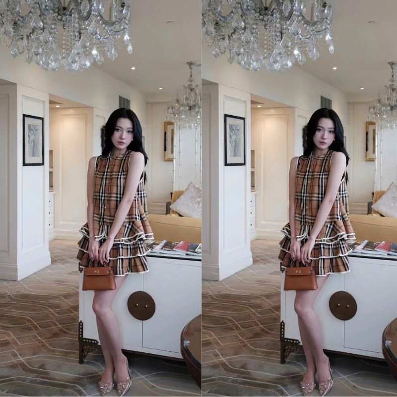 NH CLOTHER -Đầm chữ A sát nách họa tiết kẻ ô phối viền trắng chân váy tầng