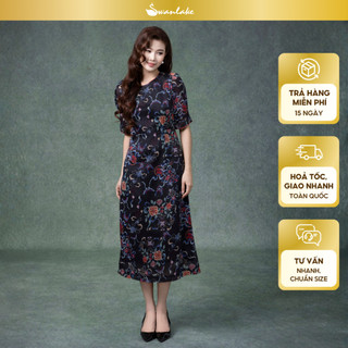 SWANLAKE | Váy Đầm Nữ Maxi Suông Vải Tơ In Hoa Cổ Tròn Tay Bí Phồng Chiết Eo Đi Tiệc Công Sở D13245