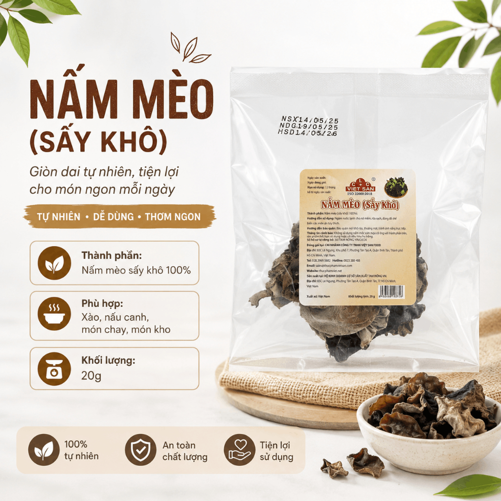 Mộc Nhĩ Việt San 20g/50g - Nấm Mèo Đen Nấm Mèo Sợi Khô Nấu Ăn Sợi Sạch