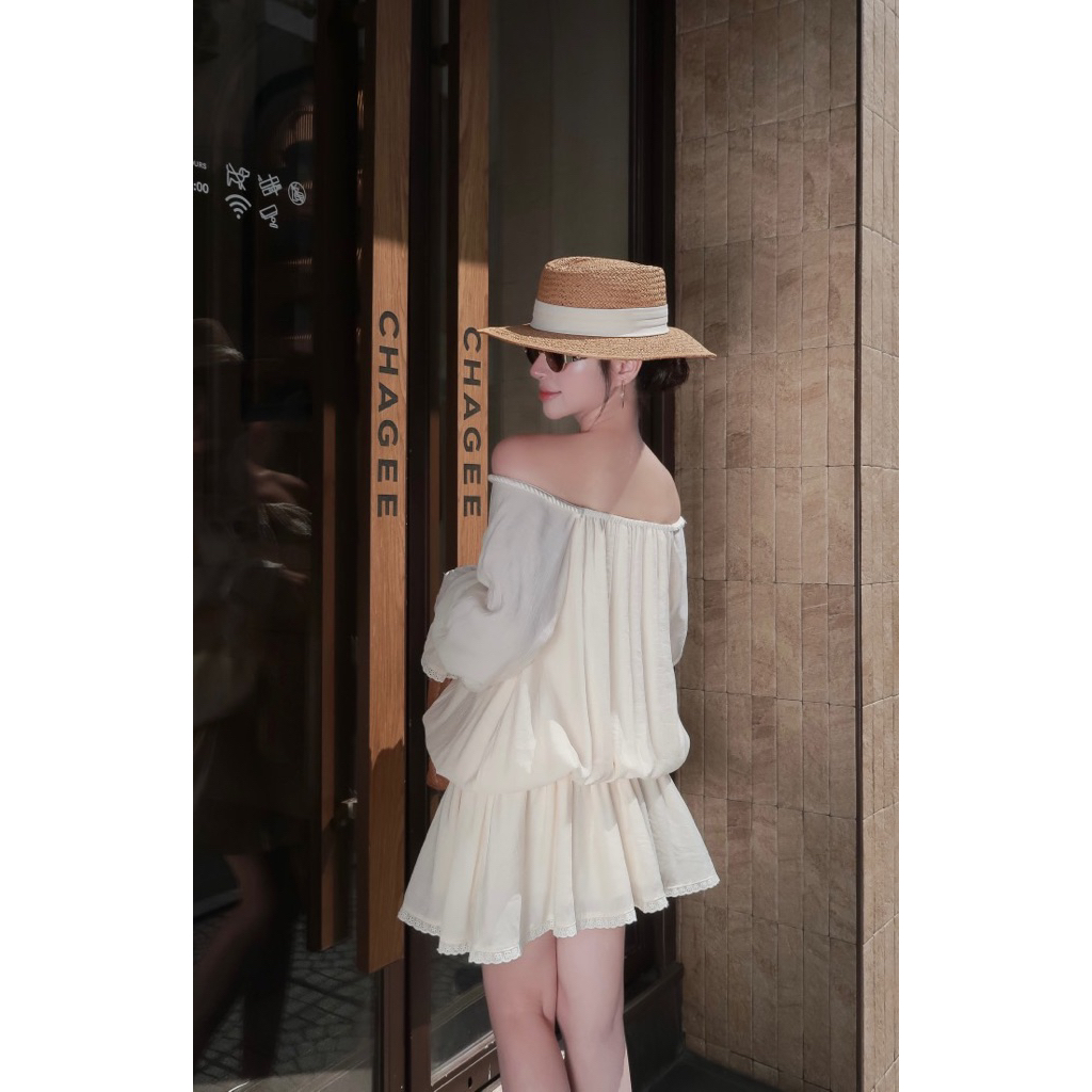 LASY Thời Trang Nữ| Đầm Bí Trễ Vai Tay Dài Đính Nơ Dây Đan (sẵn quần bảo hộ) D0195
