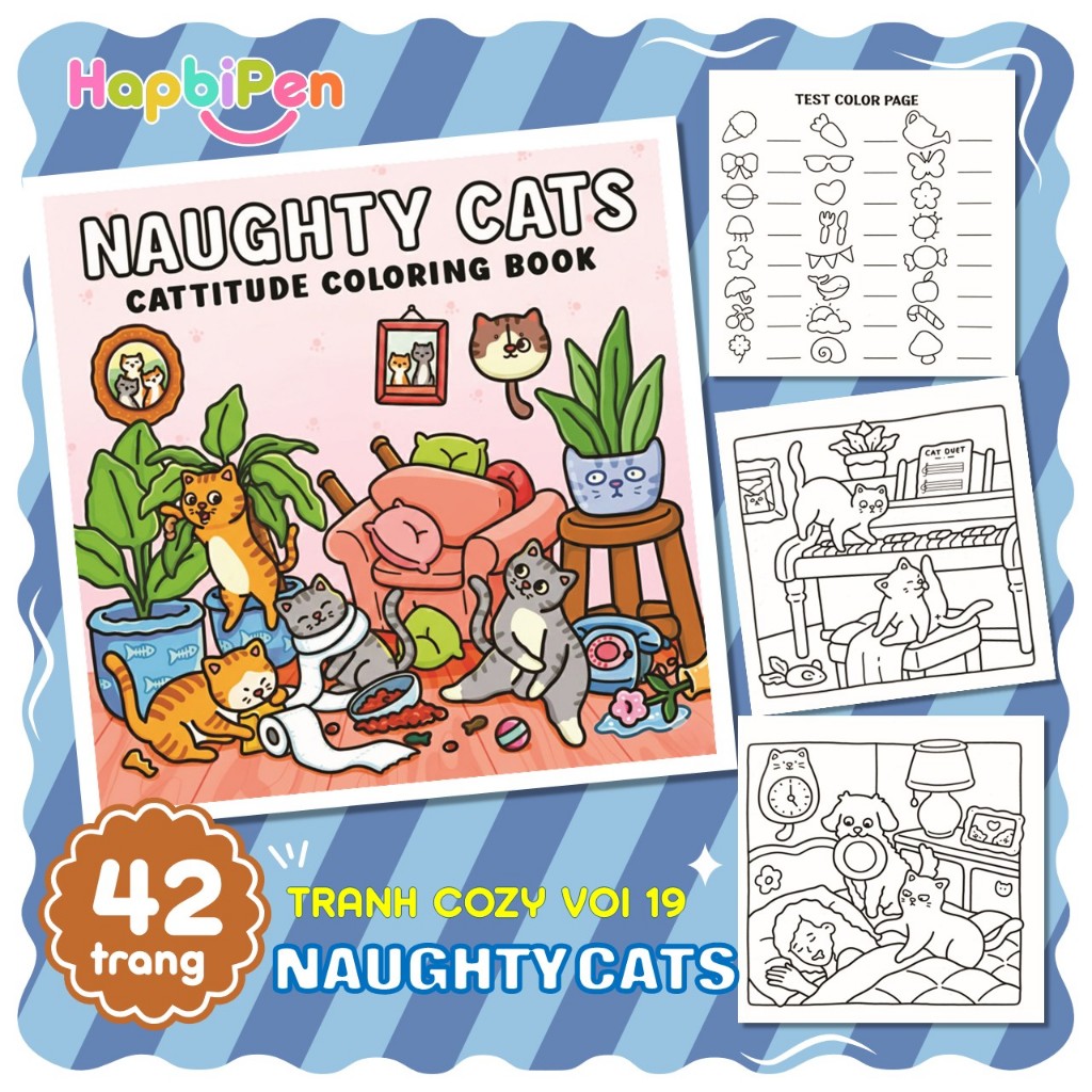Tranh tô màu thư giãn cho bé gôm 42 trang với chủ đề NAUGHTY CATS phong cách Kawaii chibi COZY19