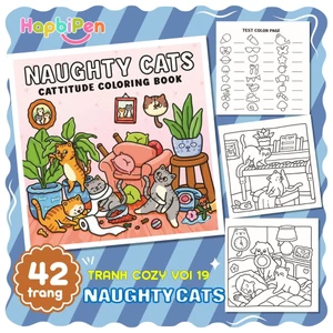 Tranh tô màu thư giãn cho bé gôm 42 trang với chủ đề NAUGHTY CATS phong cách Kawaii chibi COZY19