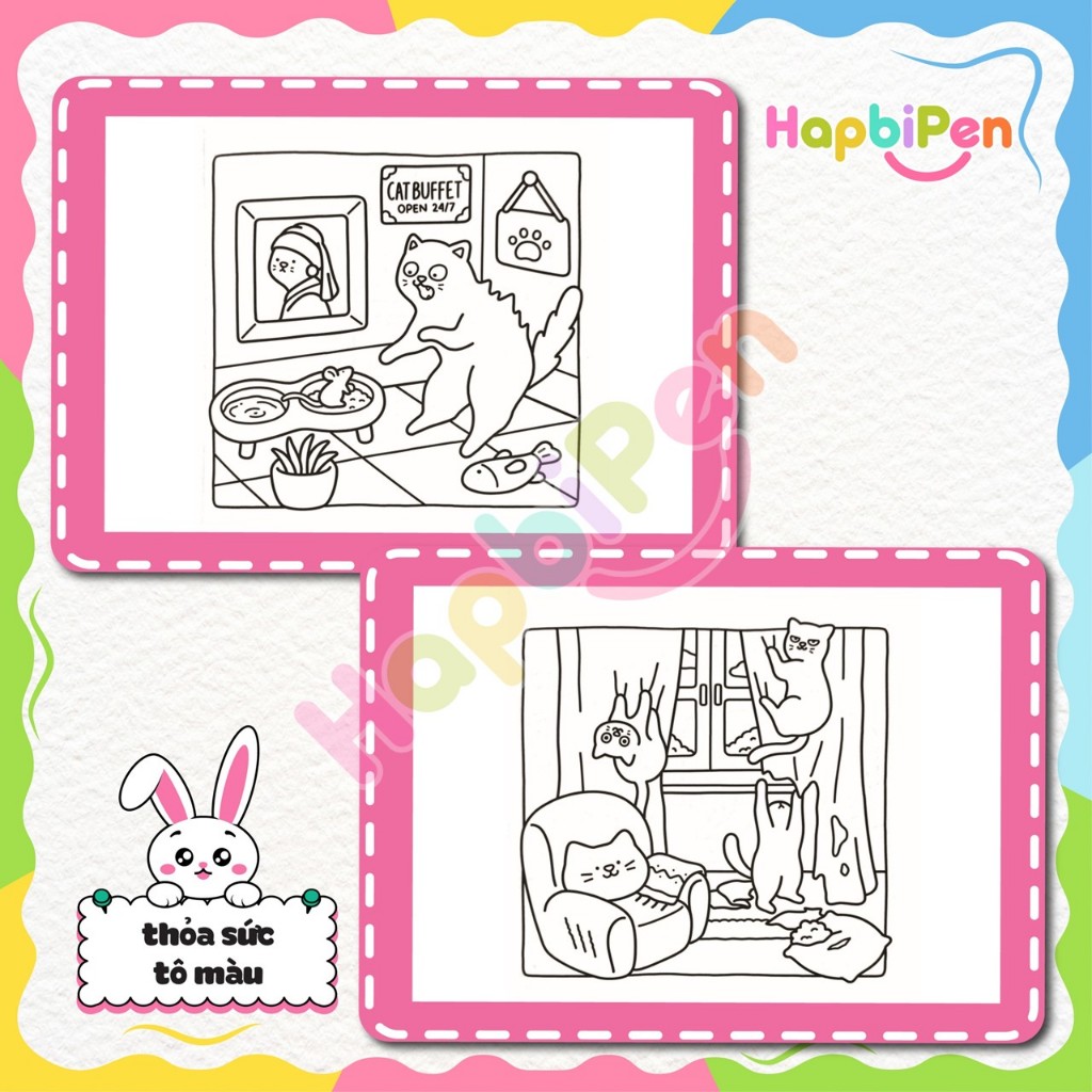 Tranh tô màu thư giãn cho bé gôm 42 trang với chủ đề NAUGHTY CATS phong cách Kawaii chibi COZY19