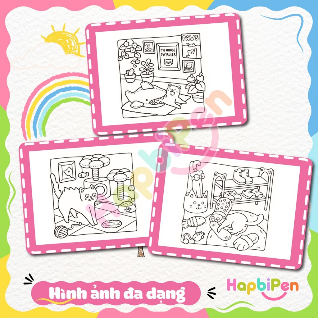 Tranh tô màu thư giãn cho bé gôm 42 trang với chủ đề NAUGHTY CATS phong cách Kawaii chibi COZY19