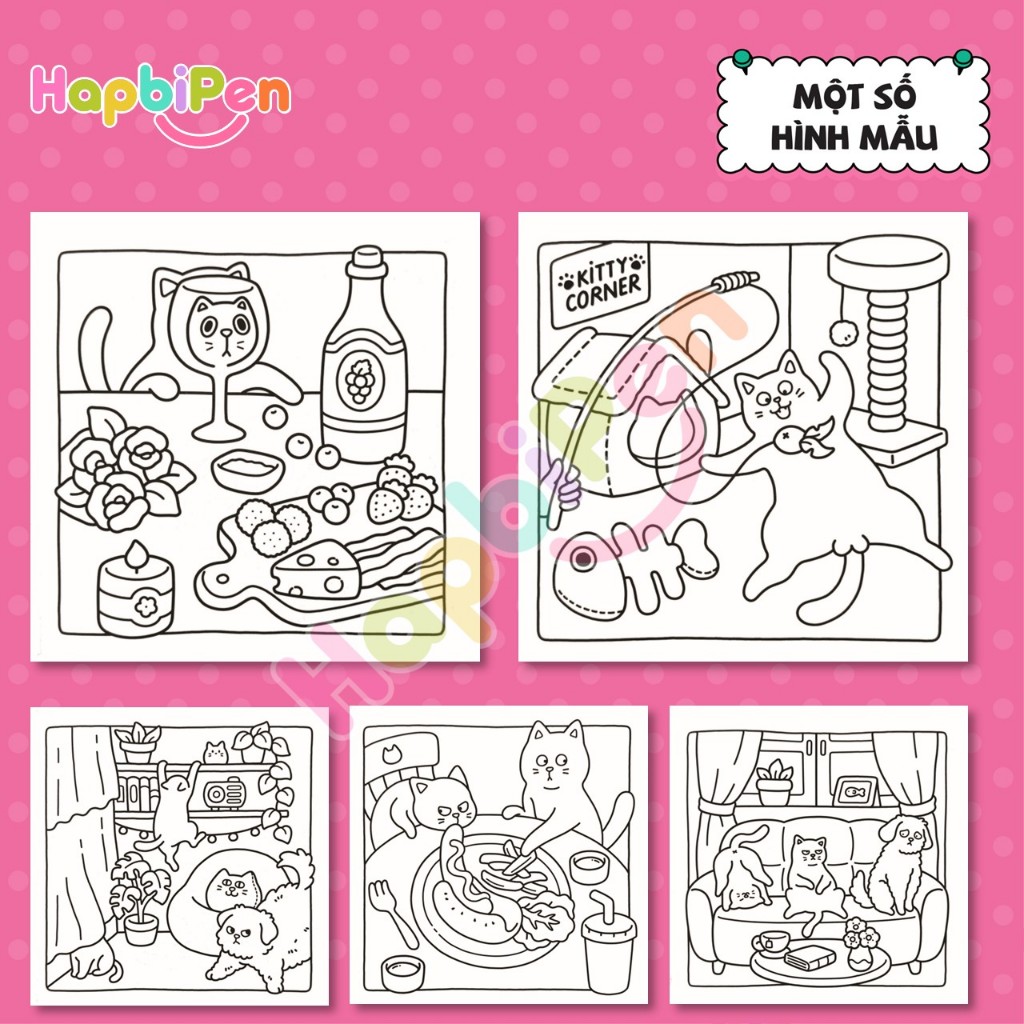 Tranh tô màu thư giãn cho bé gôm 42 trang với chủ đề NAUGHTY CATS phong cách Kawaii chibi COZY19