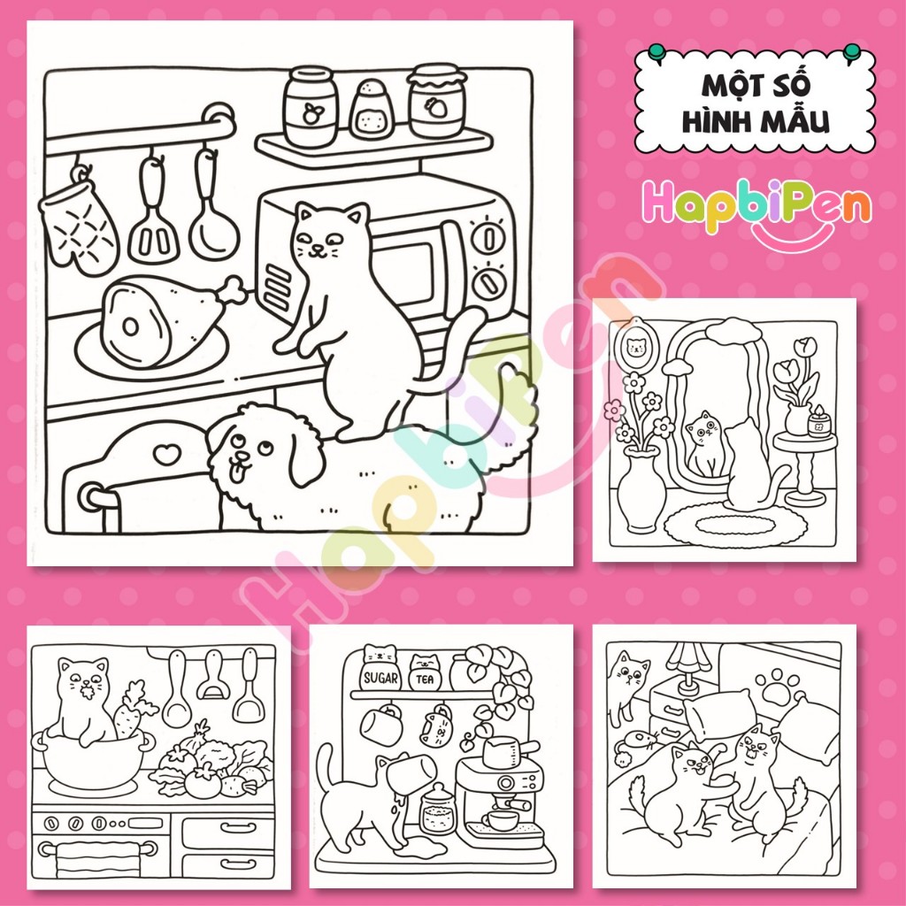 Tranh tô màu thư giãn cho bé gôm 42 trang với chủ đề NAUGHTY CATS phong cách Kawaii chibi COZY19