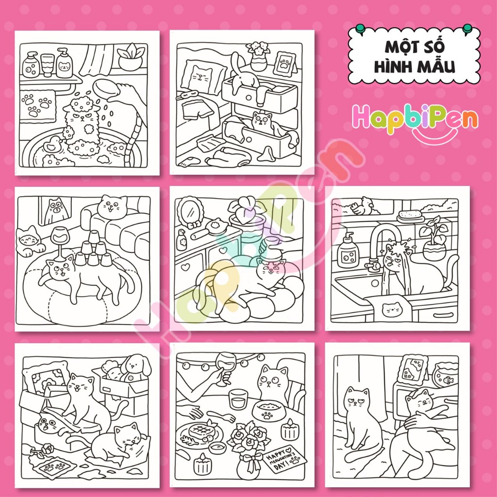 Tranh tô màu thư giãn cho bé gôm 42 trang với chủ đề NAUGHTY CATS phong cách Kawaii chibi COZY19