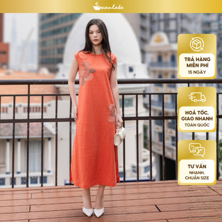 SWANLAKE | Váy Đầm Nữ Suông Sát Nách Cổ Tròn Vải Linen Thêu Hoa Cao Cấp Xẻ Tà Thanh Lịch D13502