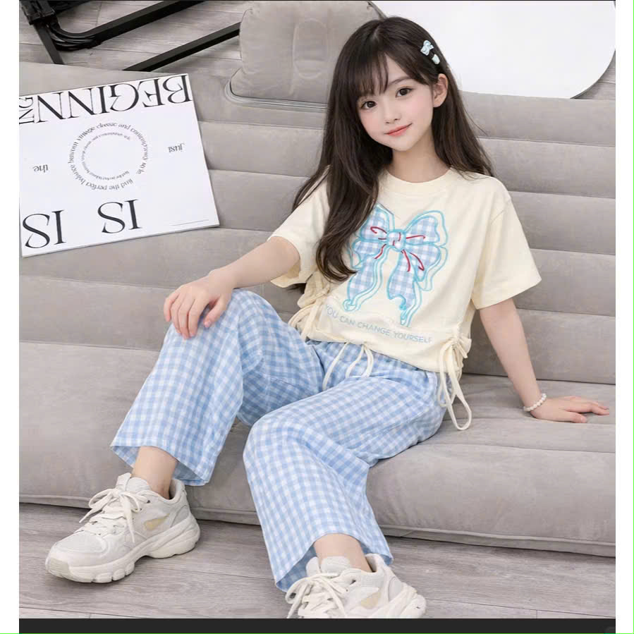 Set Bộ Áo Thun Nơ Quần Kẻ Suông Cho Bé Gái Size 10-40kg Chất Cotton Co Giãn Dễ Thương H05