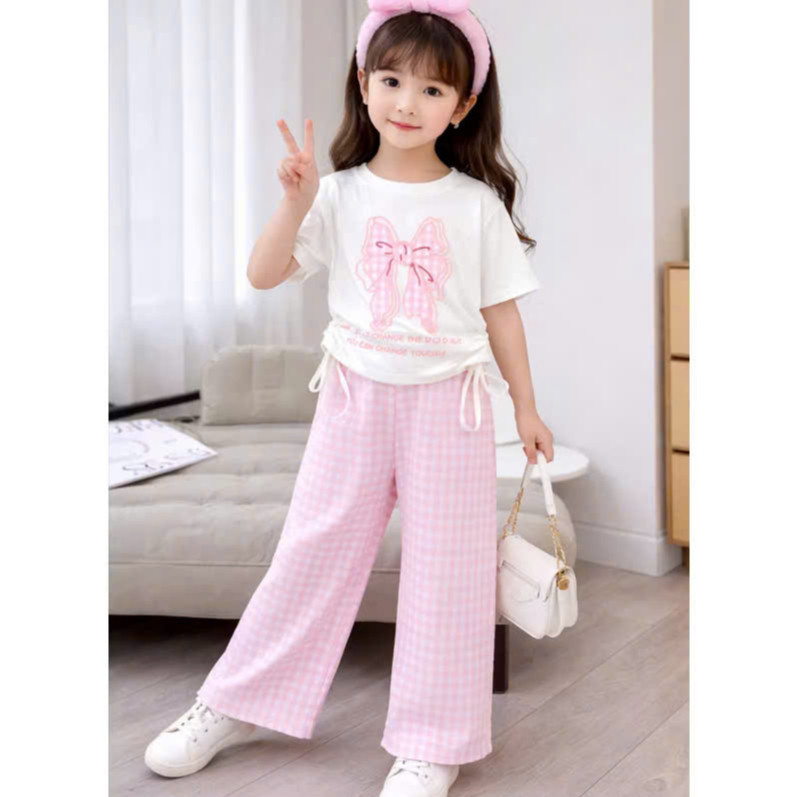 Set Bộ Áo Thun Nơ Quần Kẻ Suông Cho Bé Gái Size 10-40kg Chất Cotton Co Giãn Dễ Thương H05