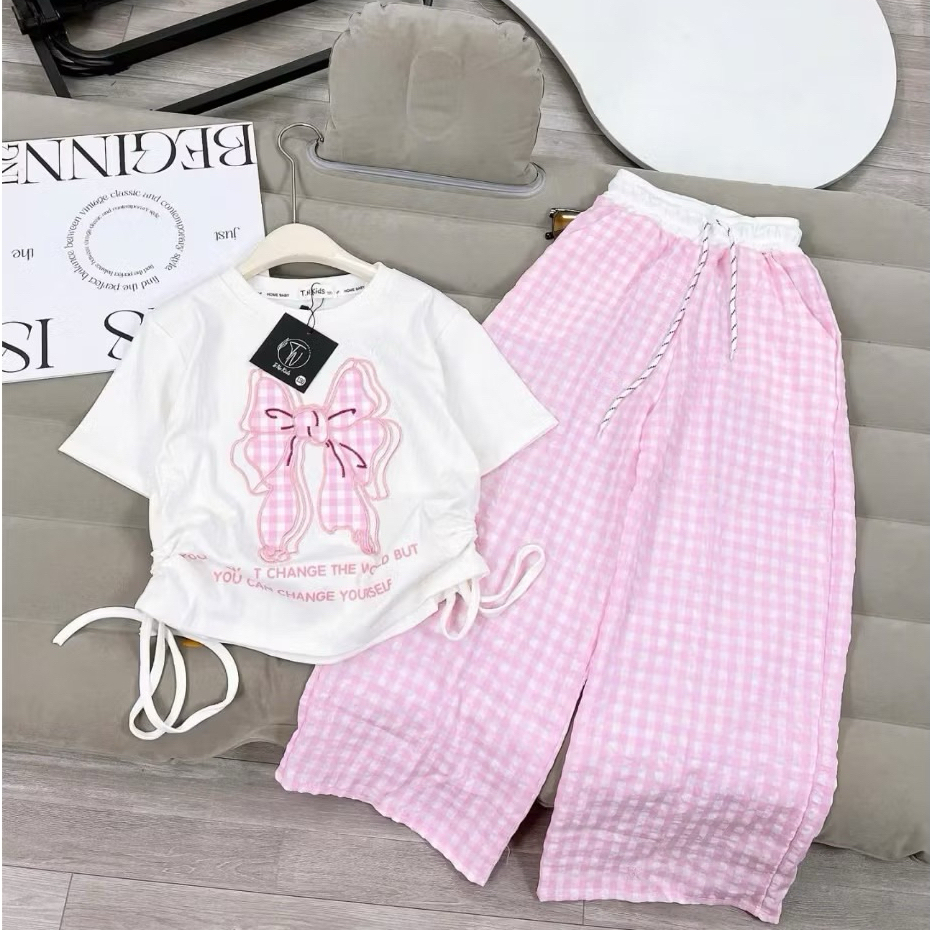 Set Bộ Áo Thun Nơ Quần Kẻ Suông Cho Bé Gái Size 10-40kg Chất Cotton Co Giãn Dễ Thương H05