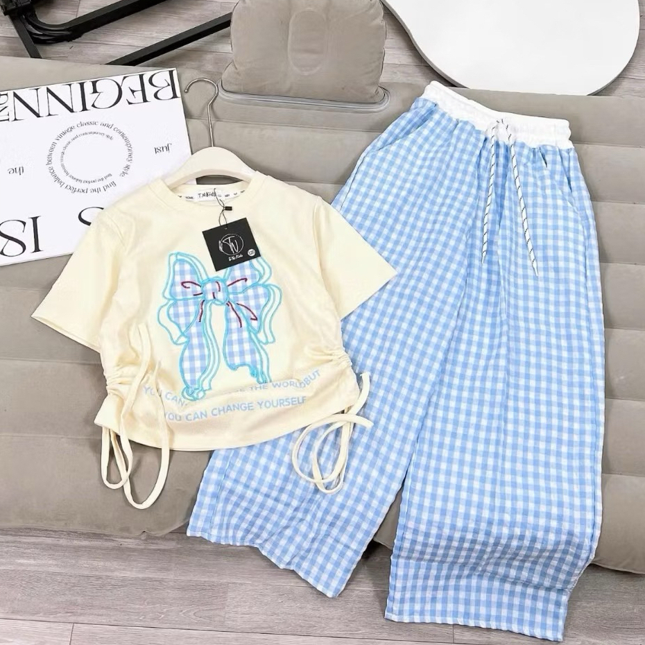 Set Bộ Áo Thun Nơ Quần Kẻ Suông Cho Bé Gái Size 10-40kg Chất Cotton Co Giãn Dễ Thương H05