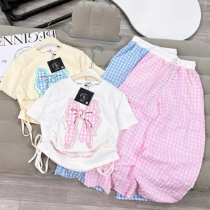 Set Bộ Áo Thun Nơ Quần Kẻ Suông Cho Bé Gái Size 10-40kg Chất Cotton Co Giãn Dễ Thương H05