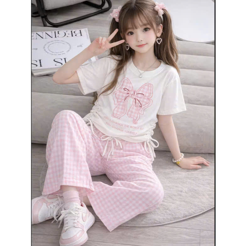 Set Bộ Áo Thun Nơ Quần Kẻ Suông Cho Bé Gái Size 10-40kg Chất Cotton Co Giãn Dễ Thương H05