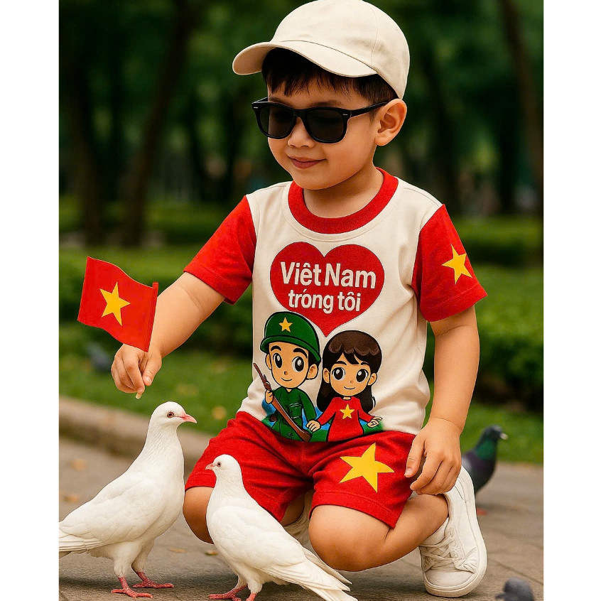 Set Bộ Cờ Đỏ Sao Vàng Tôi Yêu Việt Nam Cho Bé Chất Cotton Mát Dễ Thương H09
