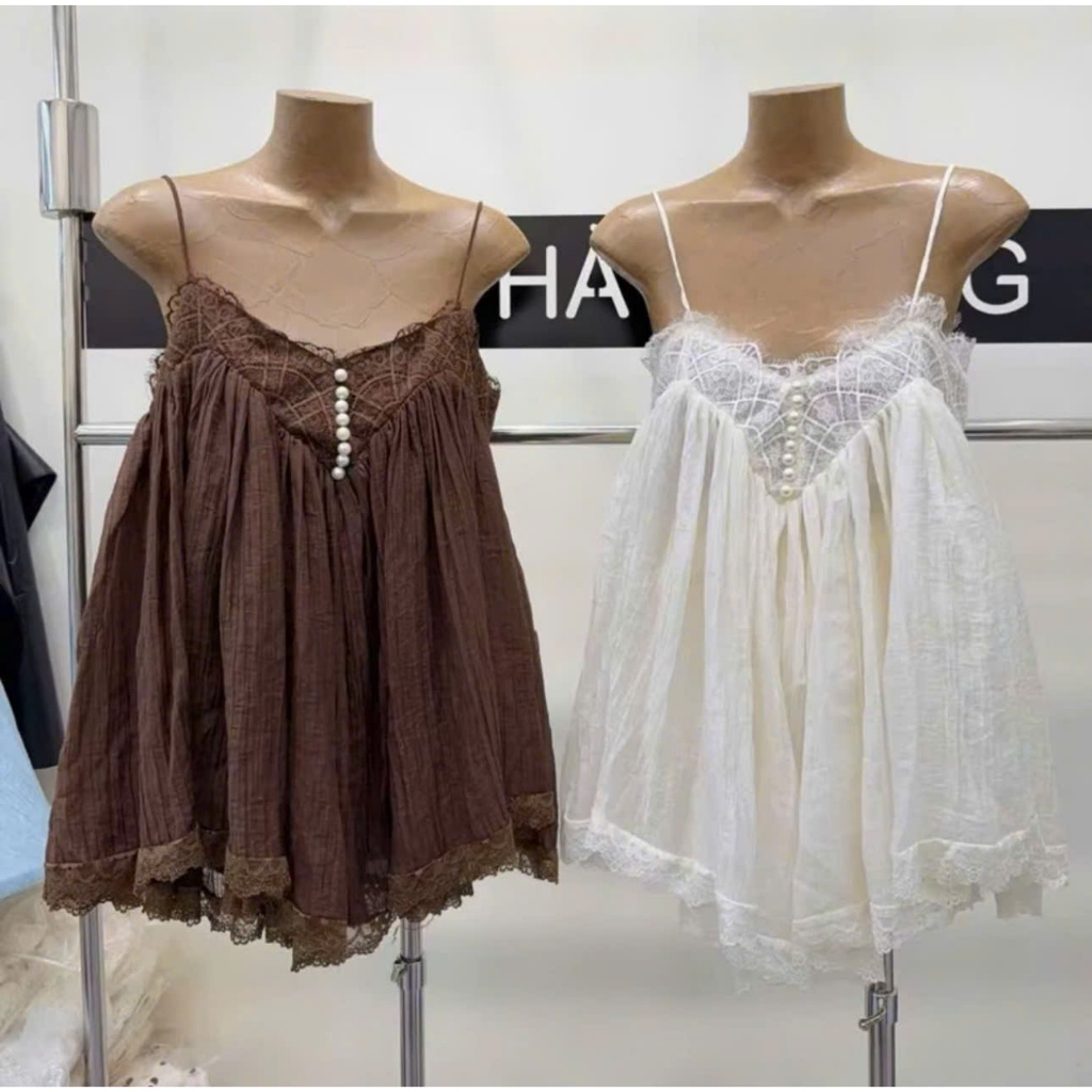 Set Áo 2 Dây Babydoll Kèm Chân Váy Ngắn Xoè Phối Ren, Set Bộ Vải Xô Nhăn Đính Ngọc Trai Tiểu Thư Đi Biển - CHAMIE STUDIO