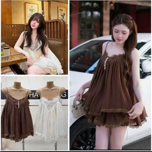 Set Áo 2 Dây Babydoll Kèm Chân Váy Ngắn Xoè Phối Ren, Set Bộ Vải Xô Nhăn Đính Ngọc Trai Tiểu Thư Đi Biển - CHAMIE STUDIO
