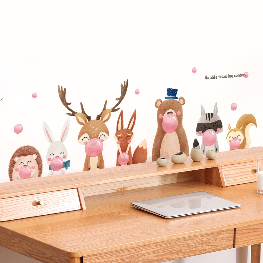 Decal Dán Tường Động Vật Thổi Bong Bóng Có Keo Sẵn 154x47cm - Trang Trí Phòng Cho Bé