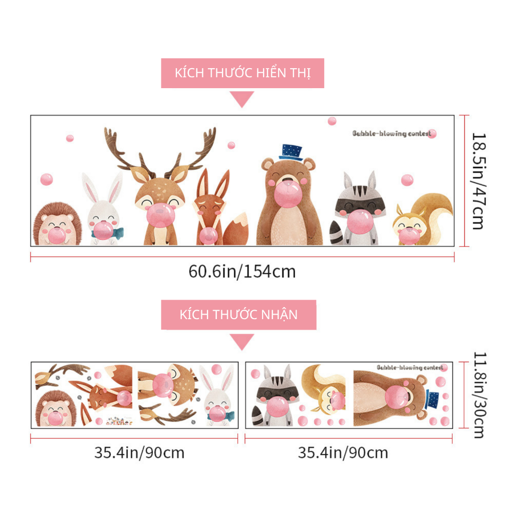 Decal Dán Tường Động Vật Thổi Bong Bóng Có Keo Sẵn 154x47cm - Trang Trí Phòng Cho Bé